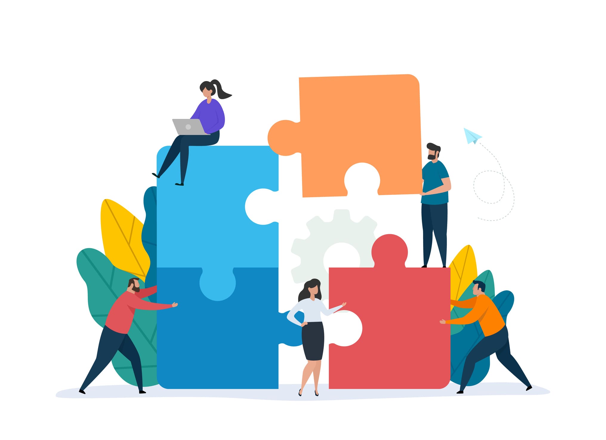 Teamwork concept with building puzzle. People working together with giant puzzle elements. Teamwork concept with building puzzle. People working together with giant puzzle elements. Symbol of partnership and collaboration. Flat vector illustration isolated on white background.
