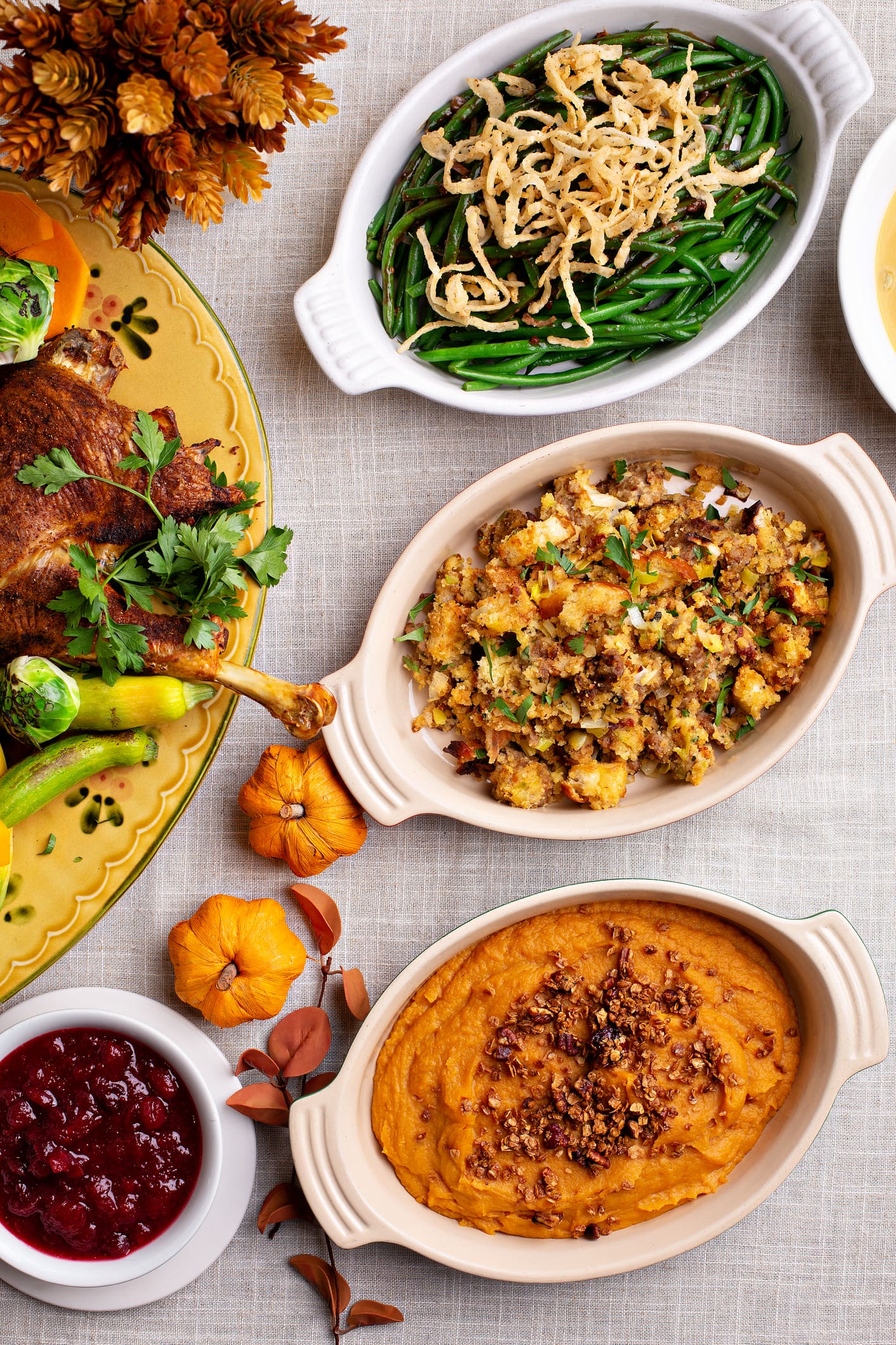Traditional Thanksgiving sides Traditional Thanksgiving sides, green beans casserole, stuffing and sweet potatoes